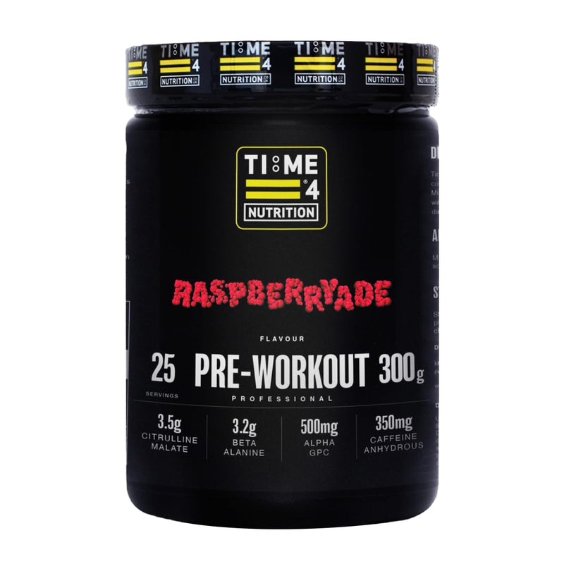 Time 4 Pre Workout Professional High Strength Vegan Pre Workout Powder for Men & Women Energy Drink Zero Sugar with L Citrulline Malate, Beta Alanine, L-Tyrosine, Alpha GPC, Theacrine (Raspberryade) Raspberryade