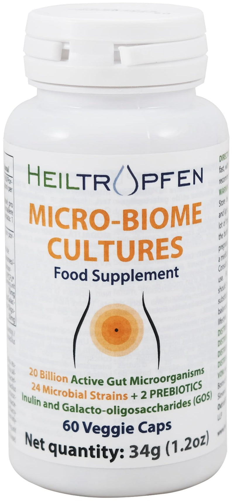 Micro-Biome Cultures | Digestive Probiotic + Prebiotic | 24 Strains | 20 Billion CFU | 60 Capsules | Active Gut | Inulin and GOS | Food Supplement | Third-Party Tested | Heiltropfen®