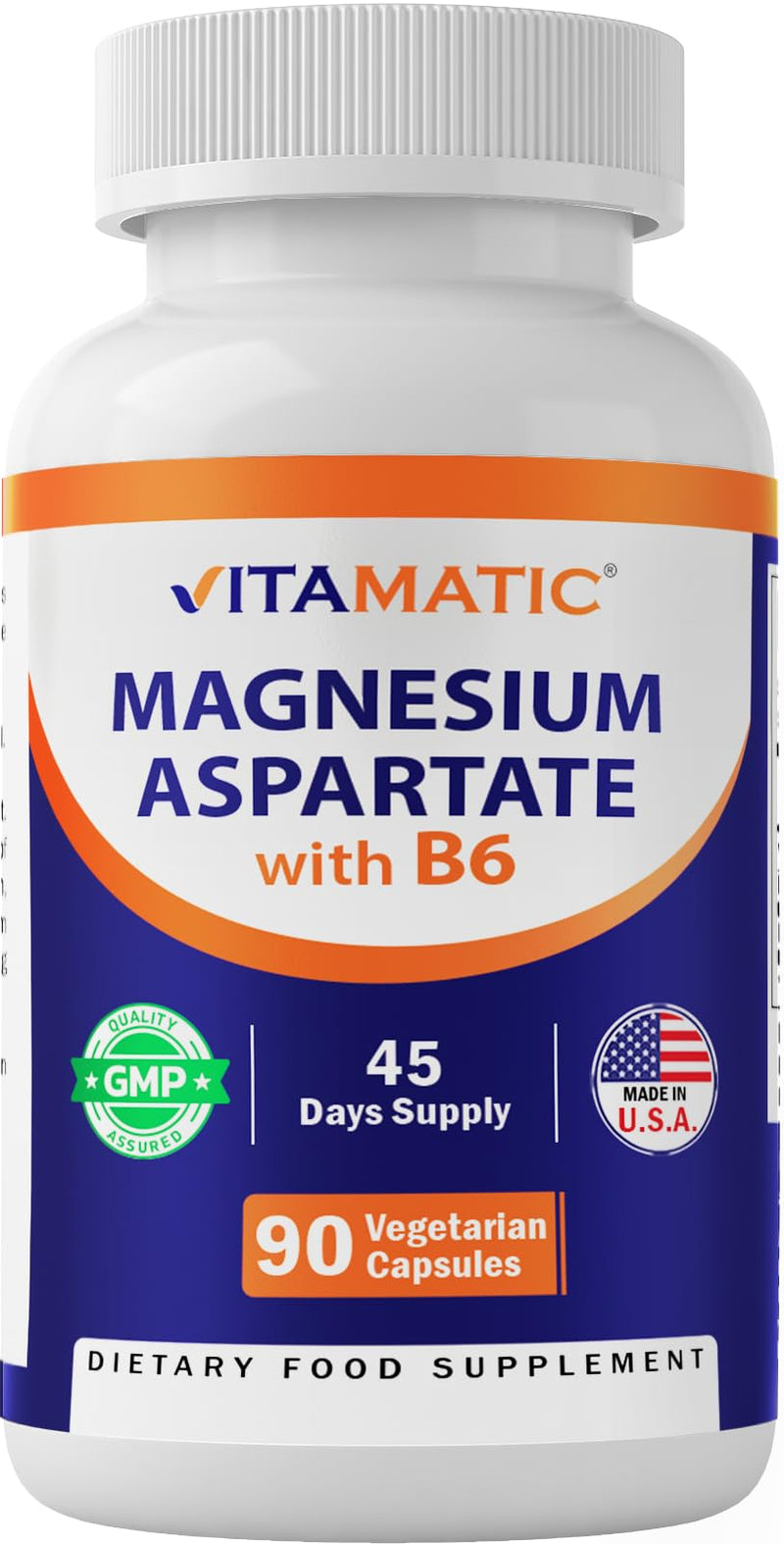 Vitamatic Magnesium Aspartate 400mg per Serving - 90 Vegetarian Capsules - Added B6 for Maximum Absorption - Supports Muscle, Joint, and Heart Health*