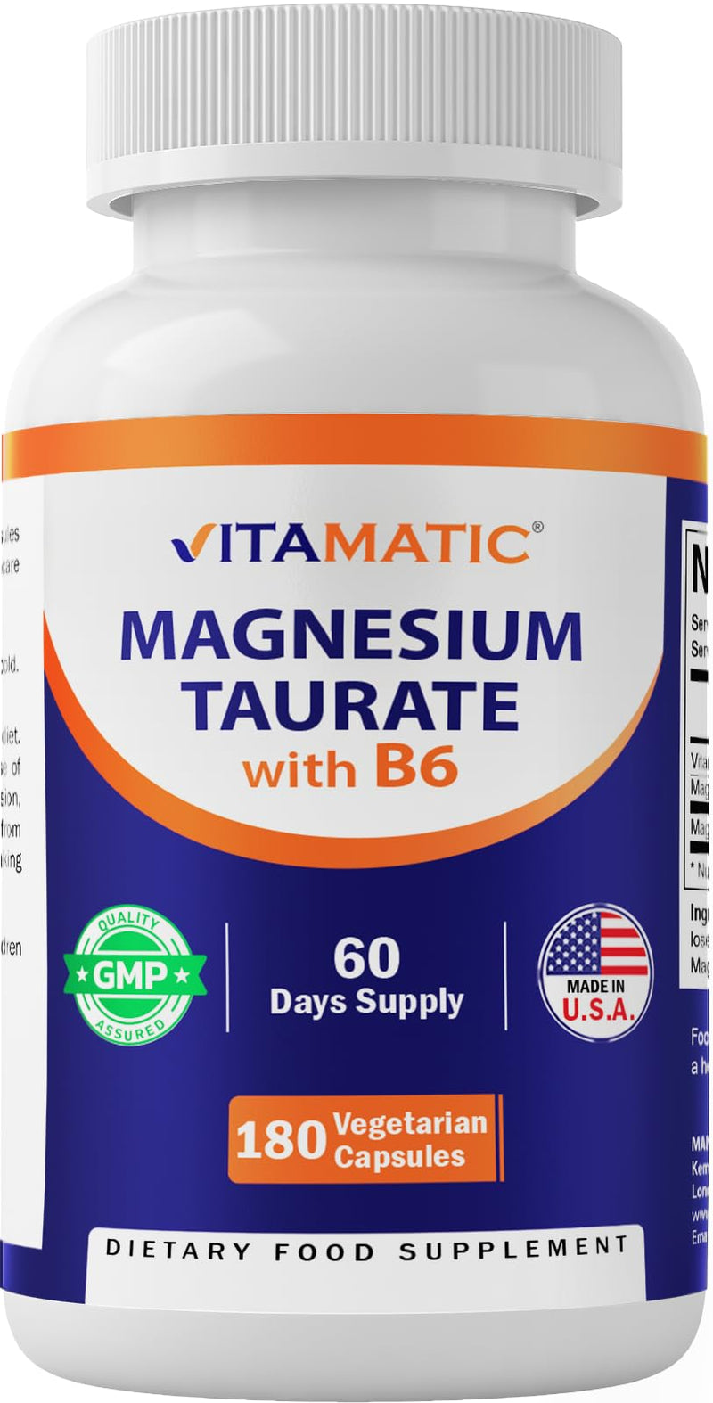 Vitamatic Magnesium Taurate 1500mg per Serving - 180 Vegetarian Capsules (Provides 300 mg of Elemental Magnesium) - Added B6 for Maximum Absorption - Supports Muscle, Joint, and Heart Health*