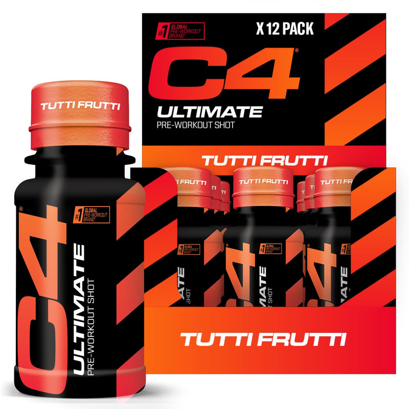 C4 Ultimate Pre-Workout Shot | Tutti Frutti Flavour Energy Shots, 12 x 60ml Bottles | Sugar Free Pre-Workout Shot with 200mg Caffeine, 2000mg L-Citrulline, 2000mg Beta Alanine, 800mg Betaine