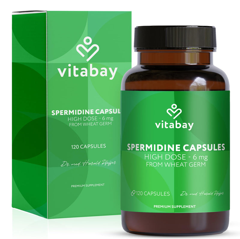 Vitabay Spermidine 6 mg High Strength Supplement – 120 Vegan Capsules with Fermented Wheat Germ Extract – Laboratory Tested in Germany – No Additives – 4 Month Supply