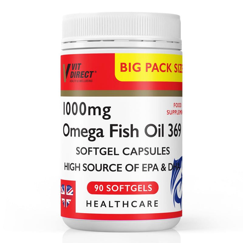 Omega Fish Oil 369-90 Soft Gel Capsules - 1000mg - High Source of EPA & DHA - Daily Supplement - Fish Oil Omega 3 - Improve Endurance - for General Health & Wellbeing