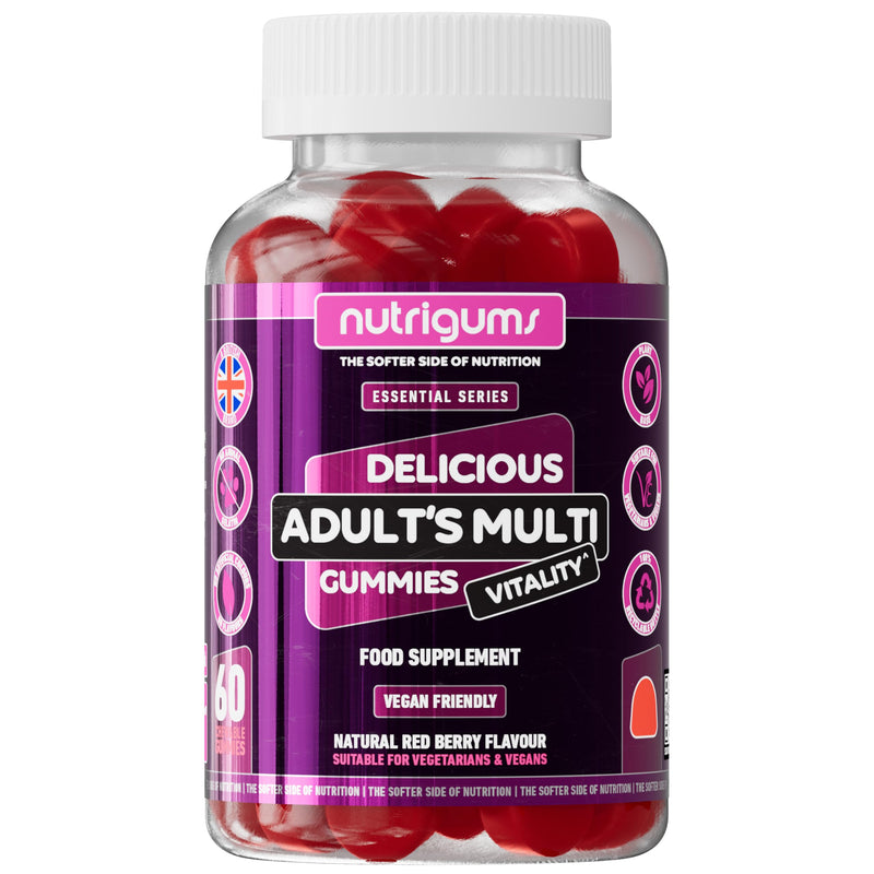 Adult Multi Vitality Gummy | 11 Essential Vitamins & Minerals A,D,E,C,B3,B6,B5,B12,Biotin, Zinc & Iodine | Mixed Berry Flavour | 60 Vegan Gummies | Support Wellbeing & Immune System by NUTRIGUMS®