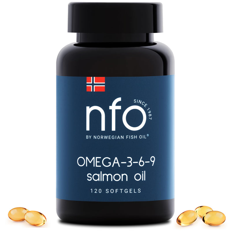 NFO Omega 3 6 9 Salmon Oil [120 Mini Capsules] Capsules from Norway, Salmon Oil with DPA, EPA & DHA Concentration in the Triglyceride Form, Natural Complex with Norwegian Fish Oil from Wild Fish, 3+