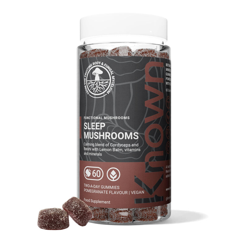 Known Tasty Sleep Mushrooms Gummies - Reishi, Cordyceps, Vitamin B - Reduces Fatigue - Natural Pomegranate Flavour - 60 Vegan Gummies, 1 Month Supply