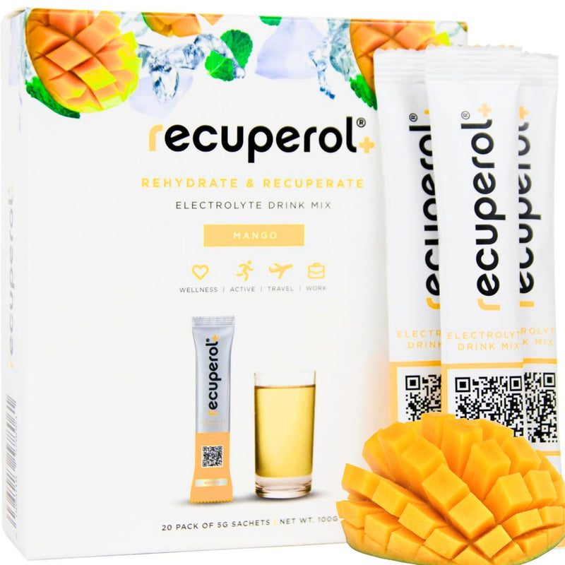 Recuperol Electrolytes Sachets - Rehydration Electrolytes Powder with Zinc, Vitamin C, B12, D3 & Potassium for Hydration - Sugar Free, Vegan & Low Calorie - Mango 20 Pack