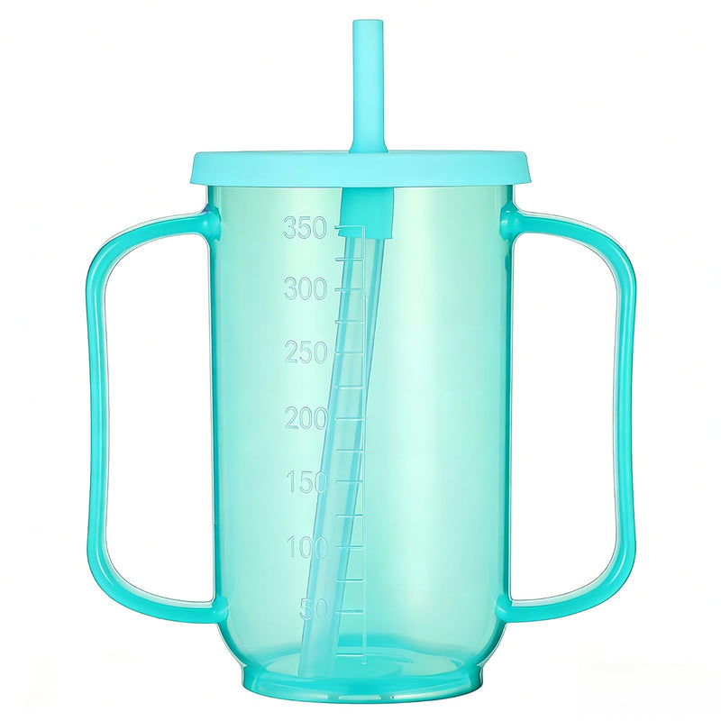Gatuida 350ml Adult Drinking Cup for Elderly, Plastic Non-Spill Cups, Portable Two Handled Cup, Spill-Proof Sippy Cups with Straw and Lid for Bedridden Patients, Disabled, Hospital, Convalescent Care Short Straw