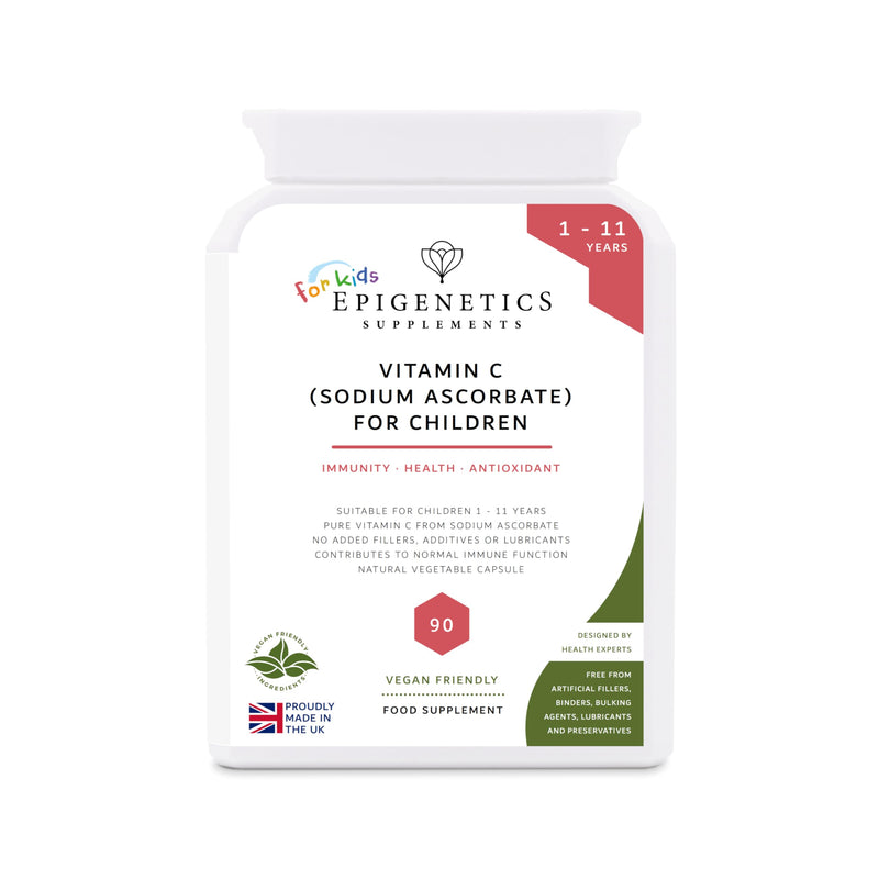 Vitamin C (Sodium Ascorbate) for Children | 200mg Buffered Vitamin C | Kids Sugar Free 90 Vegan Friendly Capsules UK Made | Long 3 Months Supply by Epigenetics Supplements