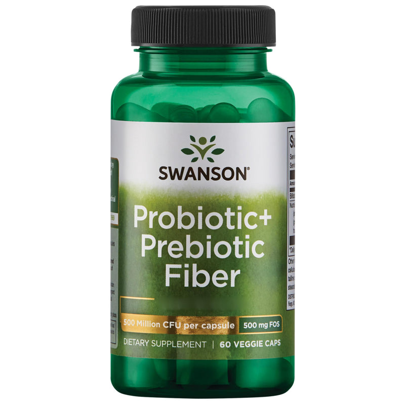 Swanson, Probiotic + Prebiotic Fibre, Bifidobacterium Lactis and Fructooligosaccharides, 500 Million CFU, 60 Vegan Cpsules, Lab-Tested, Soy-Free, Gluten-Free, GMO-Free 60 count (Pack of 1)