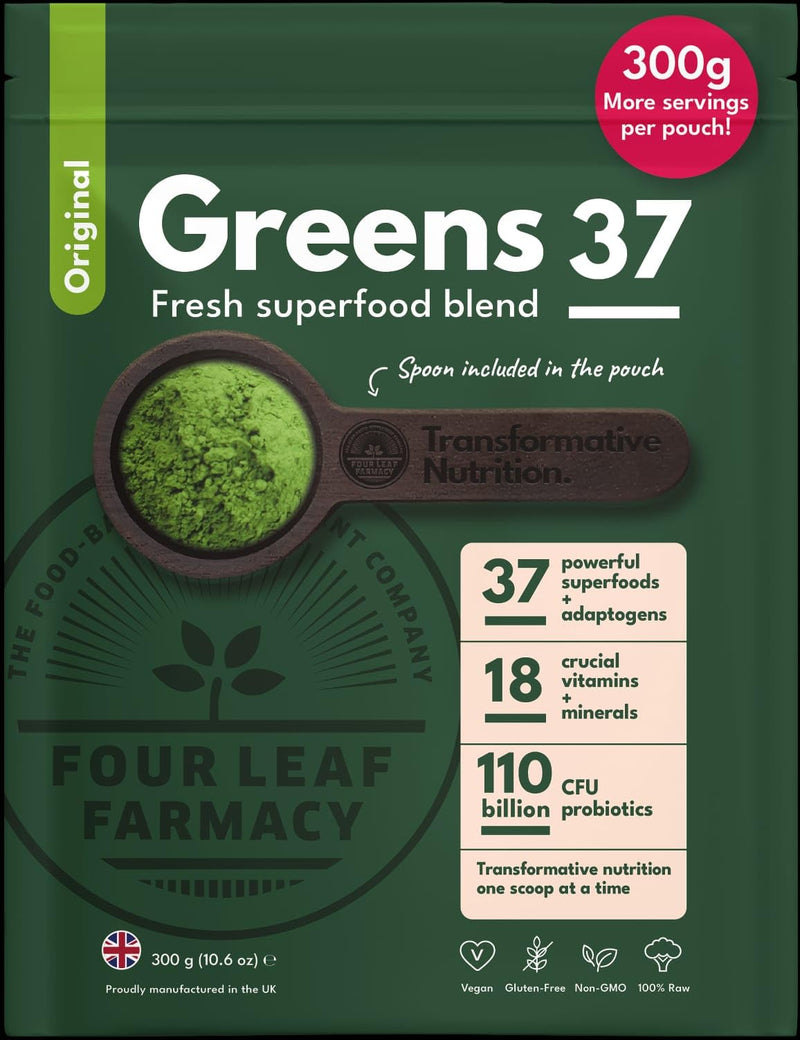 Greens Powder - Made in UK with 37 superfoods - 300g High Dosage Servings - Vegan Gluten Free Greens Powder- Daily Vitamins, probiotics for Gut Health - with KSM-66® Ashwagandha and Lions Mane Original Blend 300 g (Pack of 1)