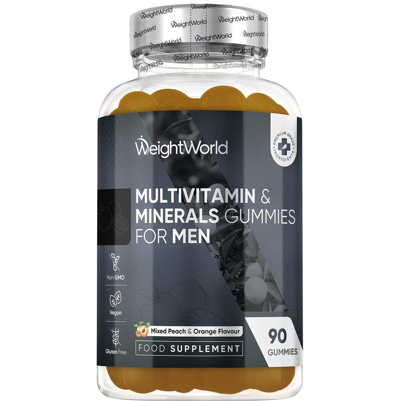WeightWorld Multivitamin Gummies for Men | 90 Vegan Gummies | with Added Herbal Extracts Like Maca, Panax Ginseng | 8 Multivitamins & 4 Minerals | Mixed Peach & Orange Flavour | Gluten-Free & Non-GMO