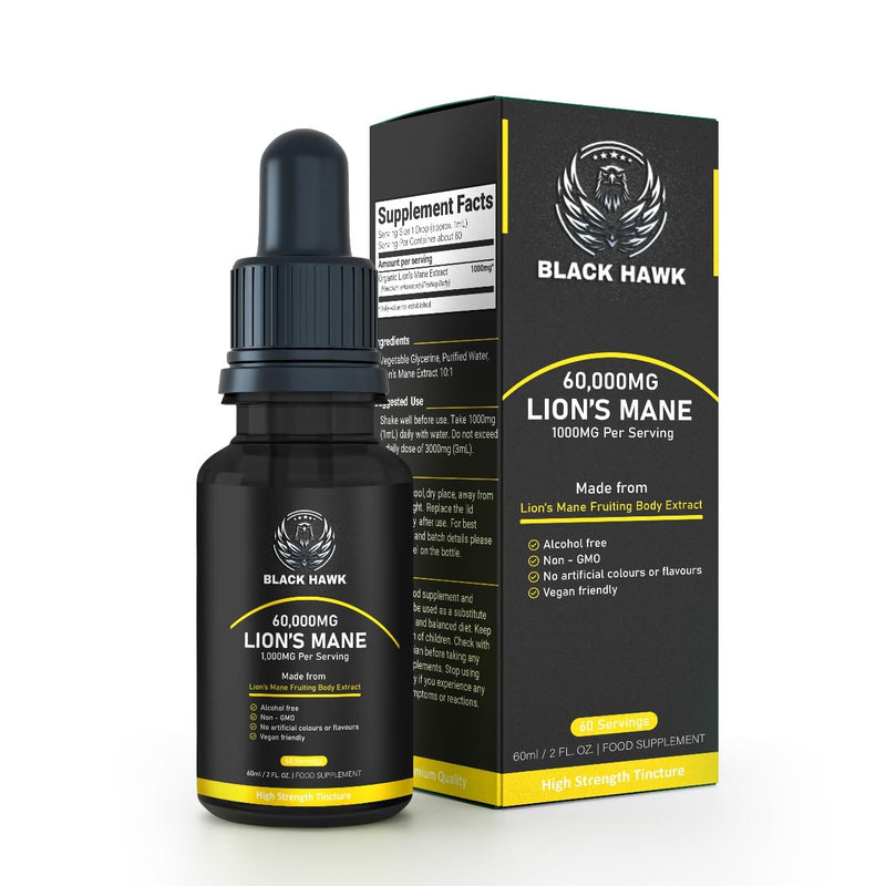 Lions Mane Supplement Liquid 60000mg - 60 Vegan Servings High Strength Lions Mane Mushroom Fruiting Body Extract - 2 Months Supply - Nootropic - Made in The UK by BLACK HAWK