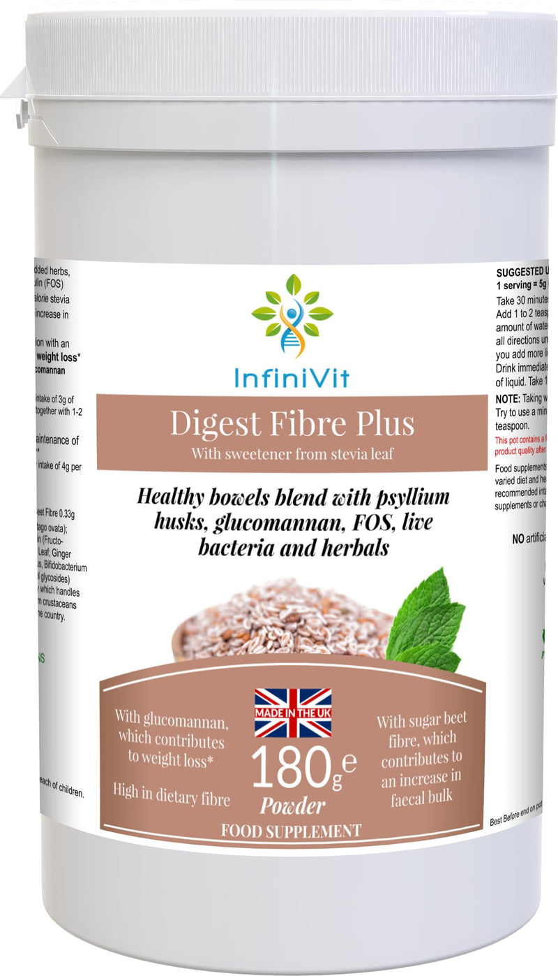 Digest Fibre Plus -Fibre Supplement Powder,Psyllium Husk - Plantago Ovata, with Glucomannan, Sugar Beet Fiber, Fennel, Ginger, Pepper Mint Leaf and Probiotics- High Strength