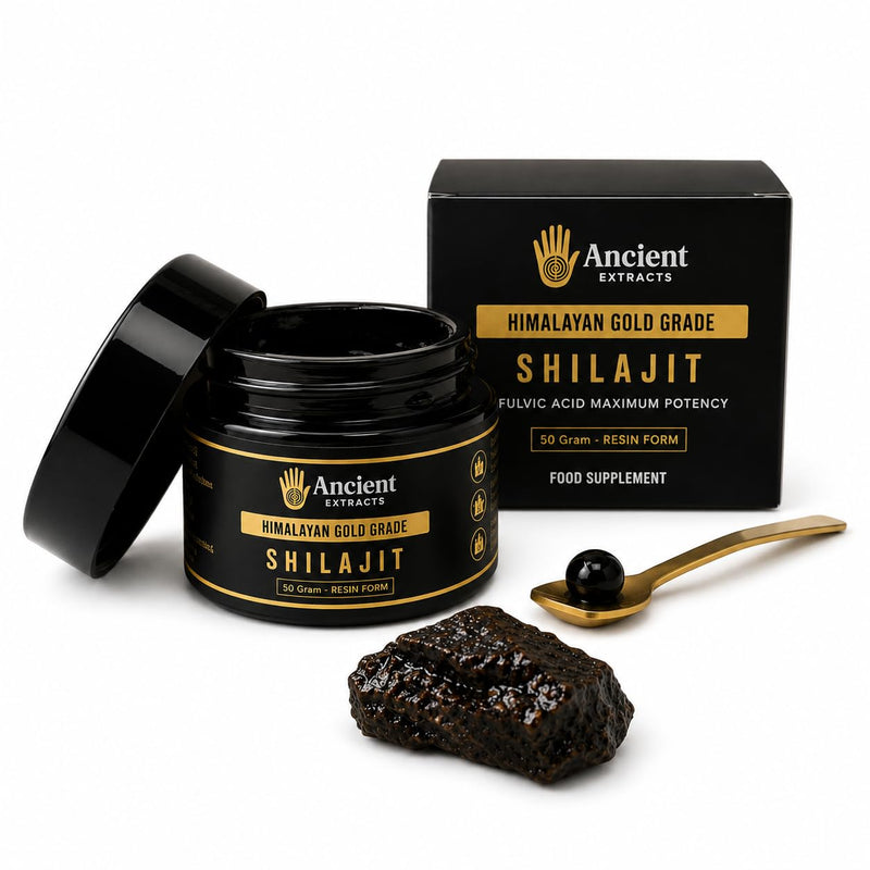Ancient Extracts Shilajit Resin | Gold Grade – 75% Fulvic Acid | 100 Days Use | Energy, Focus, Recovery & Hormone Support | 85+ Trace Minerals | Tested for Purity & Safety | Kashmir Himalayas