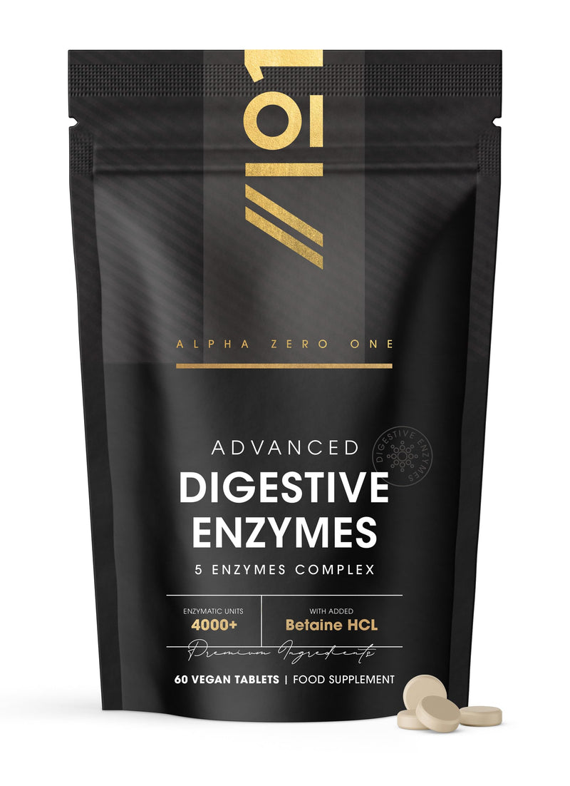 Digestive Enzyme Complex 4000 U with Betaine HCL – 60 Vegan Tablets – Potent 5 Figestive Enzymes Complex – Resealable and Recyclable Pouch by Alpha01