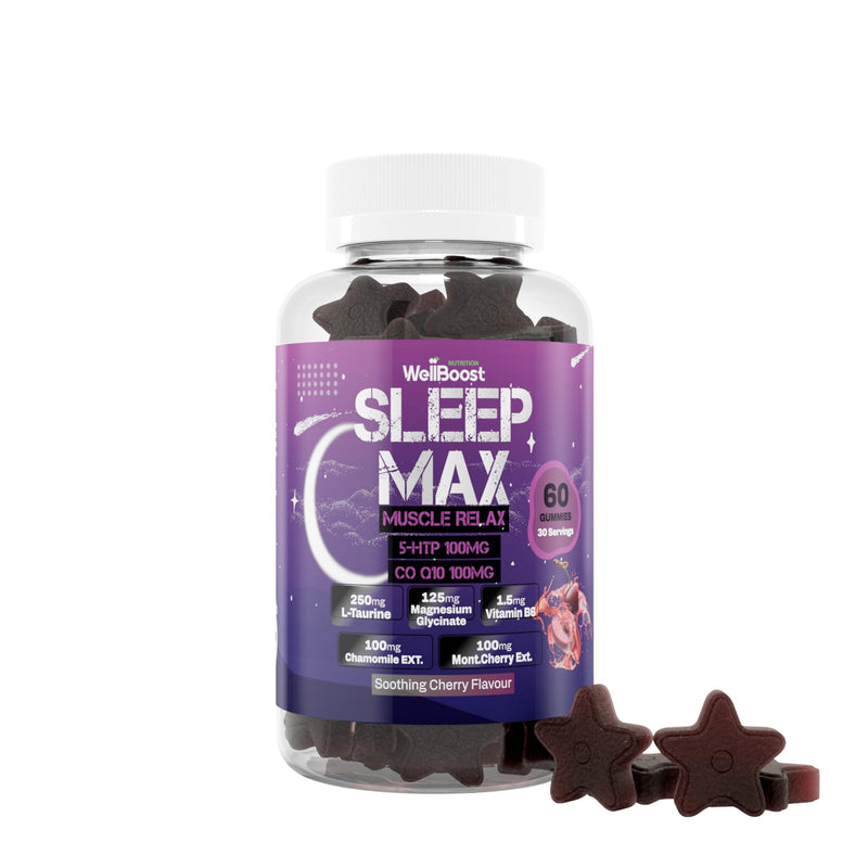 Sleep Max 5 HTP, Co Q10, L-Taurine, Magnesium, Chamomile Extract, Mont Cherry Extract and Vitamin B6 with Soothing Cherry Flavour Gummies