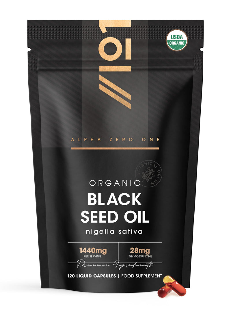 Organic Black Seed Oil Capsules 1440mg - 120 Vegan Softgels - High Strength 3X% Thymoquenine - Ethiopian Nigella Sativa - 2 Months Supply - Cold Pressed Virgin Oil - by Alpha01 1 count (Pack of 120)