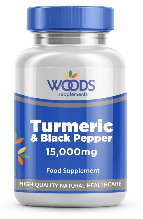 Woods Supplements - 15,000mg High Strength Turmeric & Black Pepper 60x Vegan Curcumin Turmeric Extract Tablets with Added VIT B5, VIT C and Zinc. High Absorption for Joint Care and Digestion 60