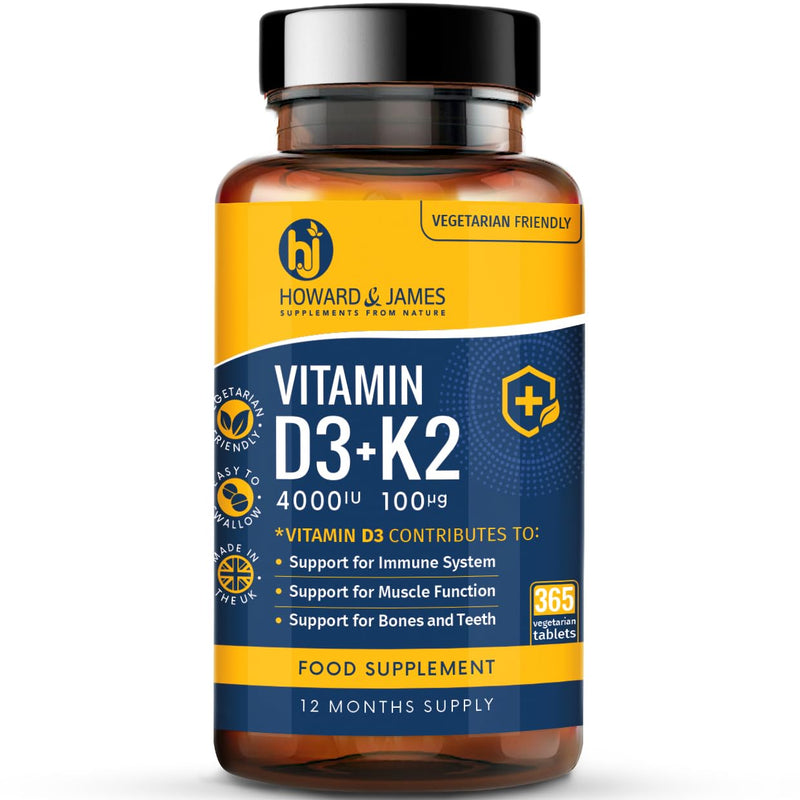 Vitamin D3 4000iu Plus Vitamin K2 100ug (MK7) 365 High Strength Vegetarian Tablets - 12 Months Supply - Easy to Swallow, for Immune System, Bone, Teeth and Muscle Function Support – Made in the UK