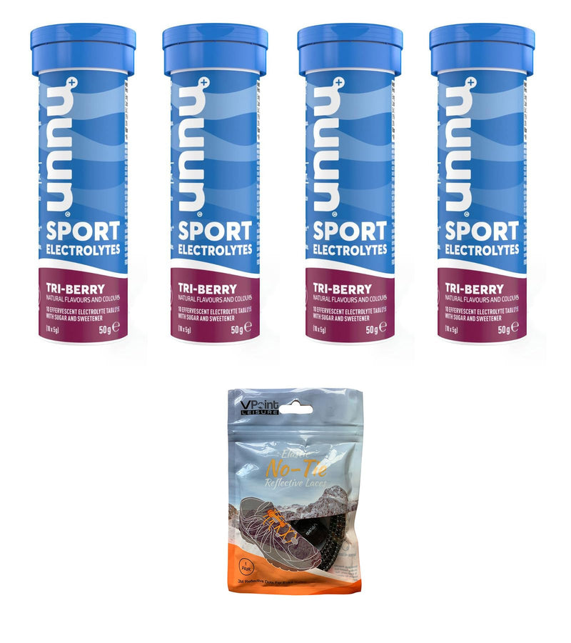 NUUN Sport Electrolytes Hydration Tablets - 4 Tubes of Electrolyte Tabs (40 Total Tablets) Bundled with A Pack of Elastic No-tie Reflective Shoe Laces (Tri-Berry) Tri-Berry