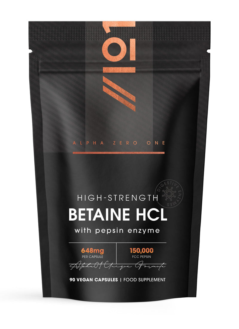 Betaine HCL 648mg & Pepsin 150,000 FCC - Potent Betaine Hydrochloride Pepsin Complex - 90 Vegan Capsules (3 Months Supply) – Resealable and Recyclable Pouch by Alpha01