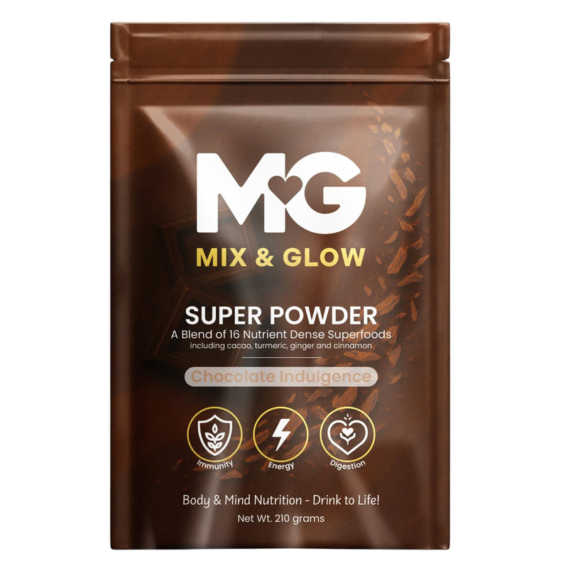 Mix & Glow Super Powder | 16 Advanced Superfoods, Prebiotic Herbs, Greens and Adaptogens Including Turmeric, MCT Oil & Cacao | Vegan & Gluten Free | 30 Servings | Chocolate Indulgence