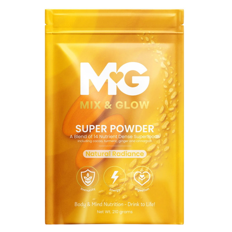 Mix & Glow Super Powder | 14 Advanced Superfoods, Prebiotic Herbs, Greens and Adaptogens Including Turmeric, MCT Oil & Cacao | Vegan & Gluten Free | 30 Servings | Natural Radiance