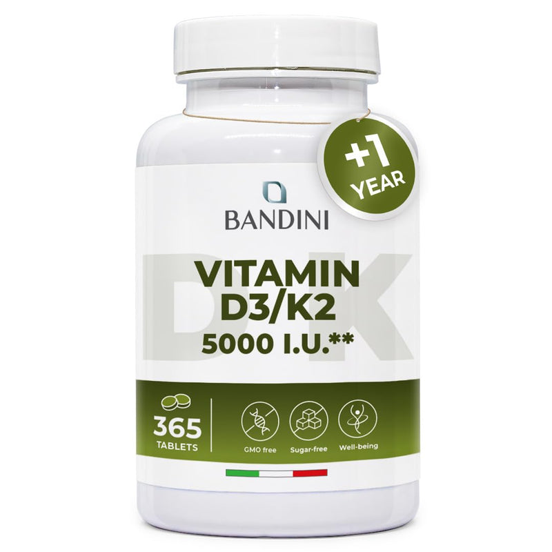 Bandini® Vitamin D3 K2 | 365 Easy-to-Swallow Tablets | 5000 IU Vitamine D 3 + 100 mcg Vitamin K2 MK-7 99% All Trans | For Bones, Teeth, Muscles, Joints & Immune System | High Strength Vegan Supplement