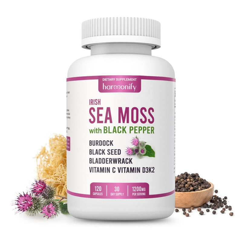 Premium Sea Moss & Black Seed Complex Capsules – Advanced Botanical & Multimineral Blend with Bladderwrack, Burdock Root, Ashwagandha, Turmeric, Vitamin D3 & K2 – 120 Vegan Capsules