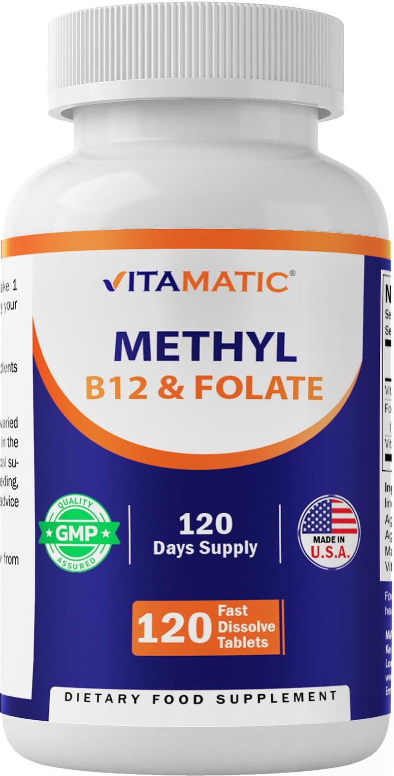 Vitamatic Methyl Folate & B12 Supplement with Pyridoxal 5 Phosphate (P-5-P) - Promotes Cardiovascular Health & Energy Metabolism - 120 Fast Dissolve Tablets - Non GMO & Gluten Free