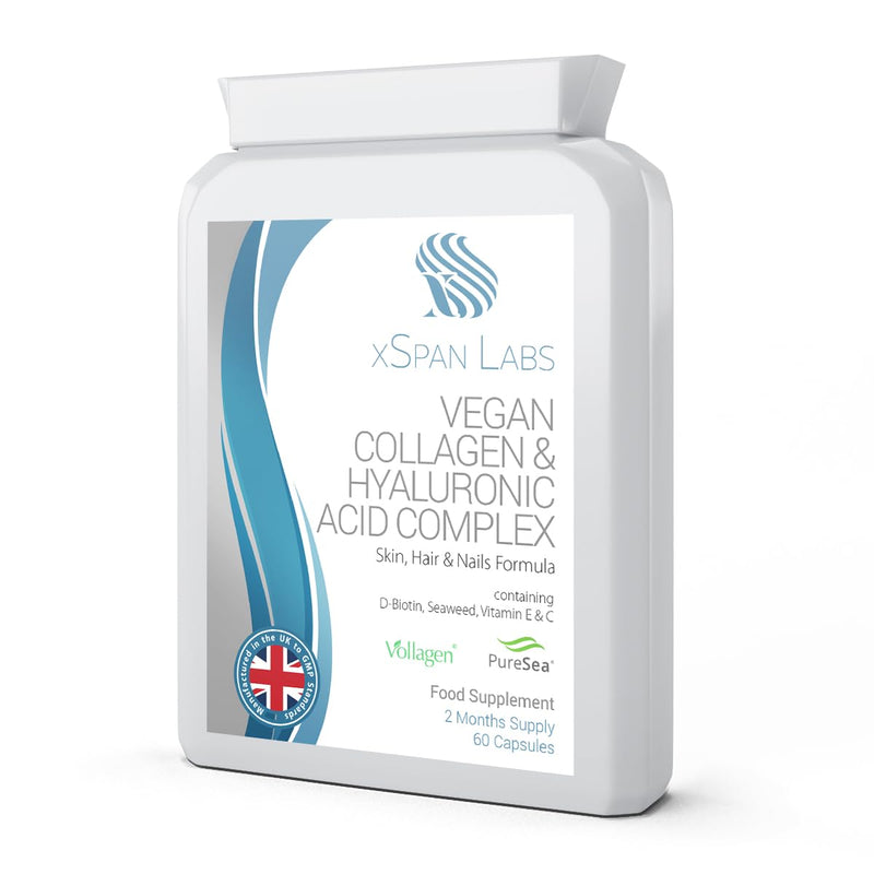 Vegan Collagen & Hyaluronic Acid Complex - 60 Capsules - Effective Skin, Hair & Nails Formula with 500mg of Vollagen in the Exact Amino ratios of Human Collagen