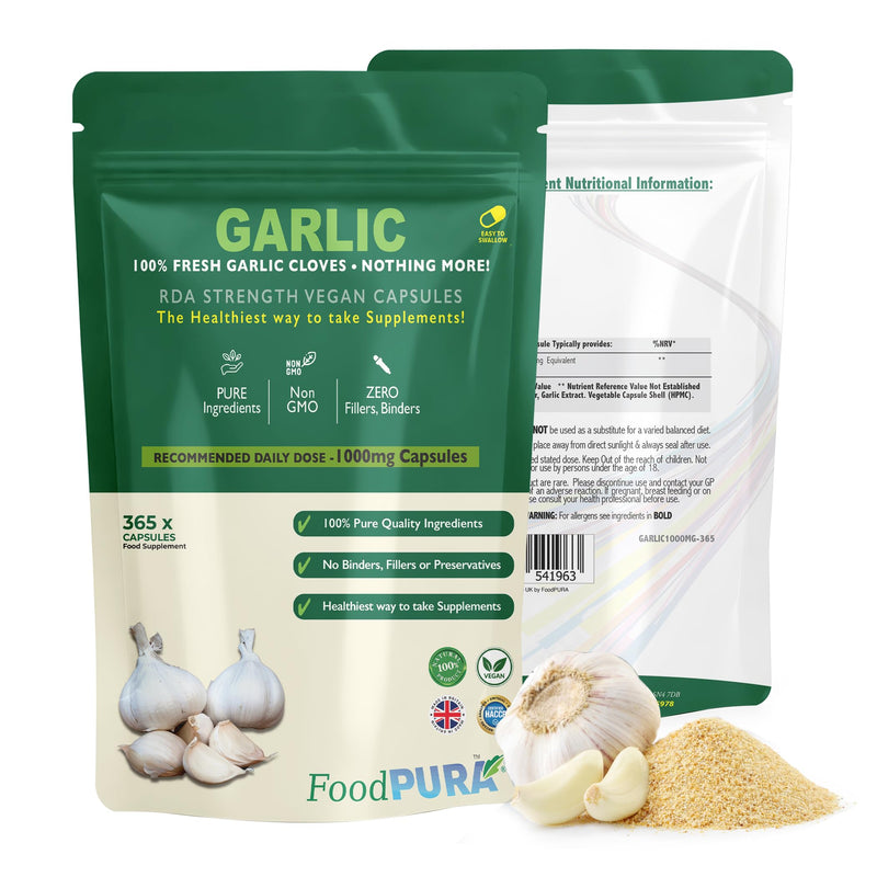 365 X Pure Garlic Capsules Recommended Daily Strength 1000mg - Capsules are The SAFEST Way to take Any Supplement! HACCP Certified, Manufactured in The UK. 365 count (Pack of 1)