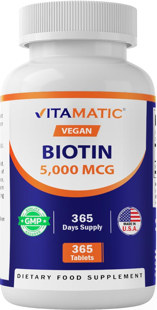 Vitamatic Biotin 5000mcg (5 mg) for Stronger Hair, Skin & Nails - 365 Vegan Tablets- Also Called Vitamin B7