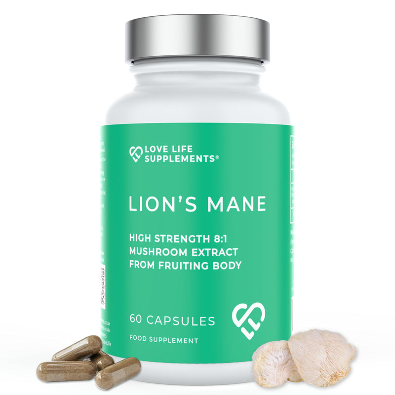 Organic Lions Mane Supplement High Strength, 60 Capsules, Premium 8:1 Mushroom Extract from Fruiting Body, No Fillers, for Mental Clarity, Focus, Attention, Love Life Supplements