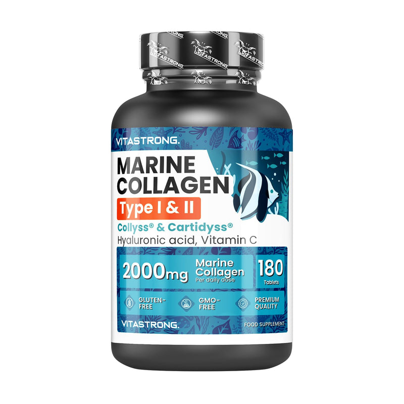 Marine Collagen with Hyaluronic Acid & Vitamin C, 180 Tablets Hydrolysed Type 1 and Collagen Type 2 Collyss & Cartidyss, Alternative to Marine Collagen Powder & Hyaluronic Acid Powder