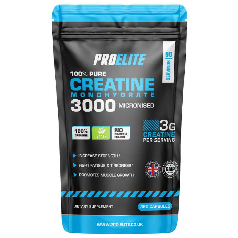 Creatine Capsules x 360 Vegan 3000mg of Unflavoured Creatine Monohydrate per Serving, NO FILLERS & Binders Micronised Pure Creatine Tablets Alternative by PROELITE 360 count (Pack of 1)