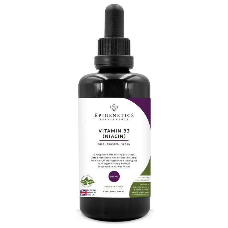 Vitamin B3 Niacin 100ml Liquid Supplements | 100% Pure & Natural Niacin 12.5mg | UK Made & Vegan Friendly | 4 Months Supply | UV Protected Miron Violet Glass | 10 Drops Daily