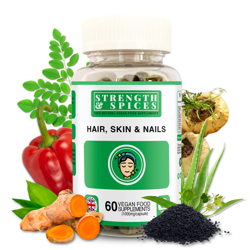 Strength & Spices Hair, Skin & Nails 100% Natural Supplement – 20 Ingredients w Biotin Selenium & Zinc - 60 Vegan UK Made 1000mg Capsules – Hair & Nails Growth, Collagen Formation