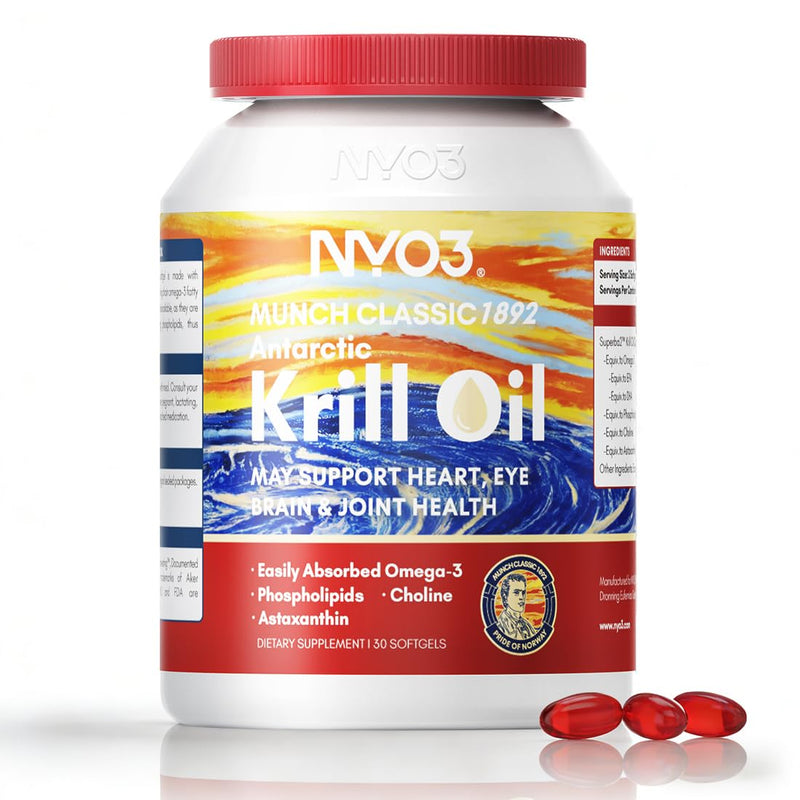 NYO3 Pure Antarctic Krill Oil Omega 3 Supplement Beyond Fish Oil with Choline & Antioxidant Astaxanthin for Heart Brain, GMP, Third Party Tested, No Fishy Burps - 425mg 30 Softgels 30 count (Pack of 1)