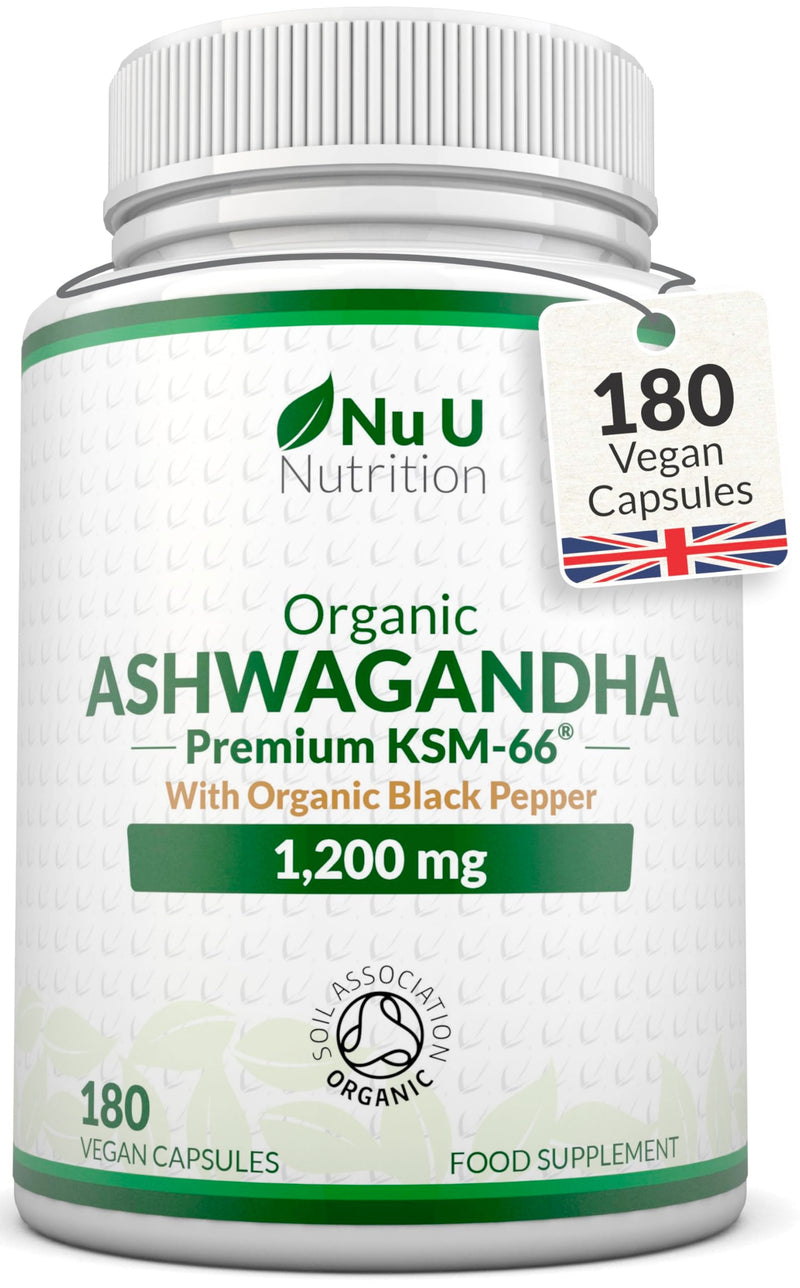 Organic Ashwagandha KSM-66® 1200mg - 5% Withanolides - 180 Vegan Capsules - High Strength Ashwaganda with Black Pepper - Soil Association Certified - Made in the UK - Nu U Nutrition