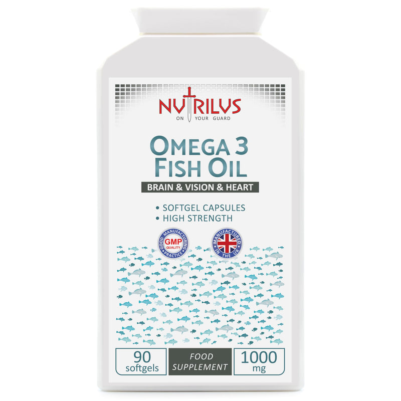 Omega-3 Fish Oil 90 Softgel Capsules 1000mg - High Strength Omega 3 - Brain & Vision & Heart Health - UK Made Supplement