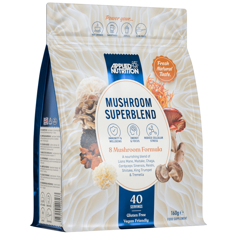 Applied Nutrition Mushroom Superblend - Lions Mane, Reishi, Chaga, Shiitake, Maitake, Tremella, Cordyceps Sinensis, King Trumpet | Vegan & Gluten Free (160g – 40 Servings) Unflavoured 160 g (Pack of 1)