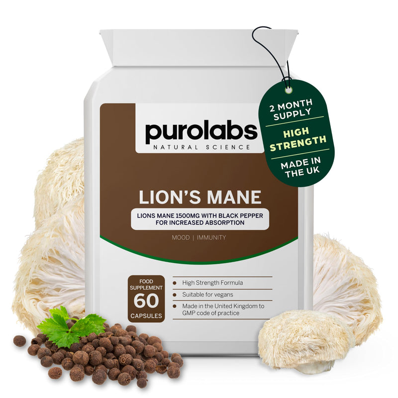 Purolabs Lions Mane Mushroom Extract Supplement 1500mg - 60 High Strength Vegan Capsules with Black Pepper - Made in The UK by Purolabs