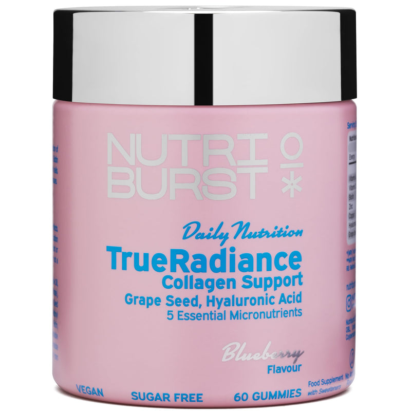 Nutriburst - TrueRadiance Collagen Support Gummies for Healthy Hair, Skin & Nails - Biotin (100µg), Hyaluronic Acid (50mg), Vitamin A (400µg) + Vitamin C (80mg) - 60 Gummies 1 Month Supply 60 Count (Pack of 1) Collagen Booster