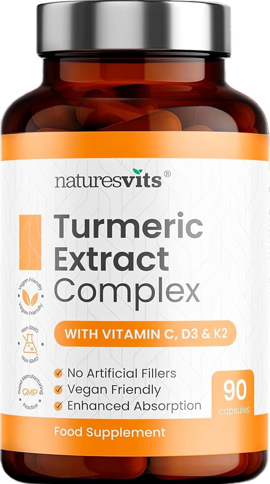 Turmeric Capsules with Black Pepper, Vitamin C, D3 and K2, 90 Count - High Strength Joint Health Supplement for Adults with Active Curcumin Extract Powder - A Natural Herbal Anti Inflammator