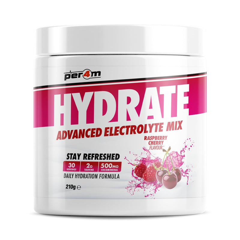 Per4m Hydrate Electrolyte Mix Powder | 500mg Cocomineral to Replenish Essential Electrolytes | Muscle Function, Cardiovascular Health, Neurological Support | 210g (Raspberry Cherry) Raspberry Cherry