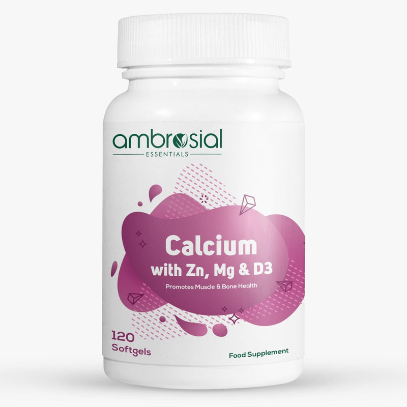 Ambrosial Calcium Magnesium Zinc + D3 – 4-in-1 Mineral Complex with Calcium Citrate – High Strength Daily Formula – 120 Softgel Capsules – Non-GMO, Gluten-Free, GMP Certified 120 count (Pack of 1)