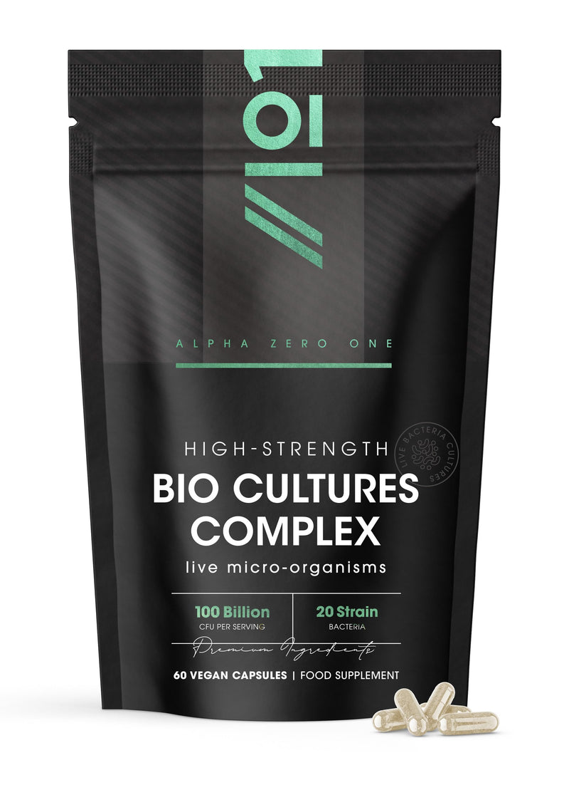 Bio Cultures Complex Probiotics - 100 Billion CFU - 20 Live Bacterial Cultures - 60 Vegan Capsules for Women & Men - Lactobacillus Acidophilus, Gasseri, Rhamnosus & Reuteri - By Alpha01