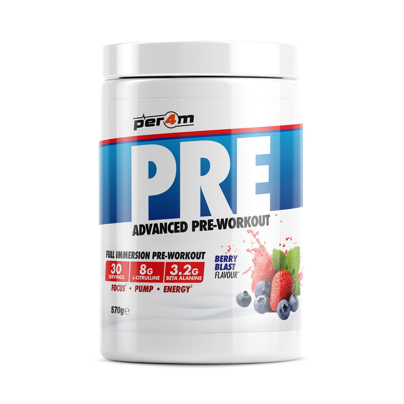 Per4m Pre Workout Powder | Intense Pump, Sustained Energy & Mental Focus | L-Citrulline, Beta Alanine & Caffeine & Added Hydration (570g, Berry Blast)